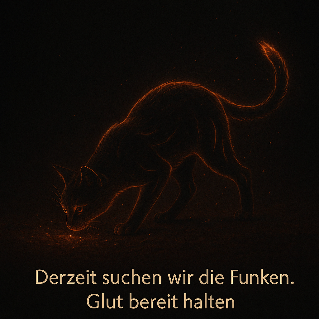 Eine Katze im Schatten sucht etwas, der Text besagt: "Derzeit suchen wir die Funken. Glut bereit halten." Saporia erleben ist im Aufbau.